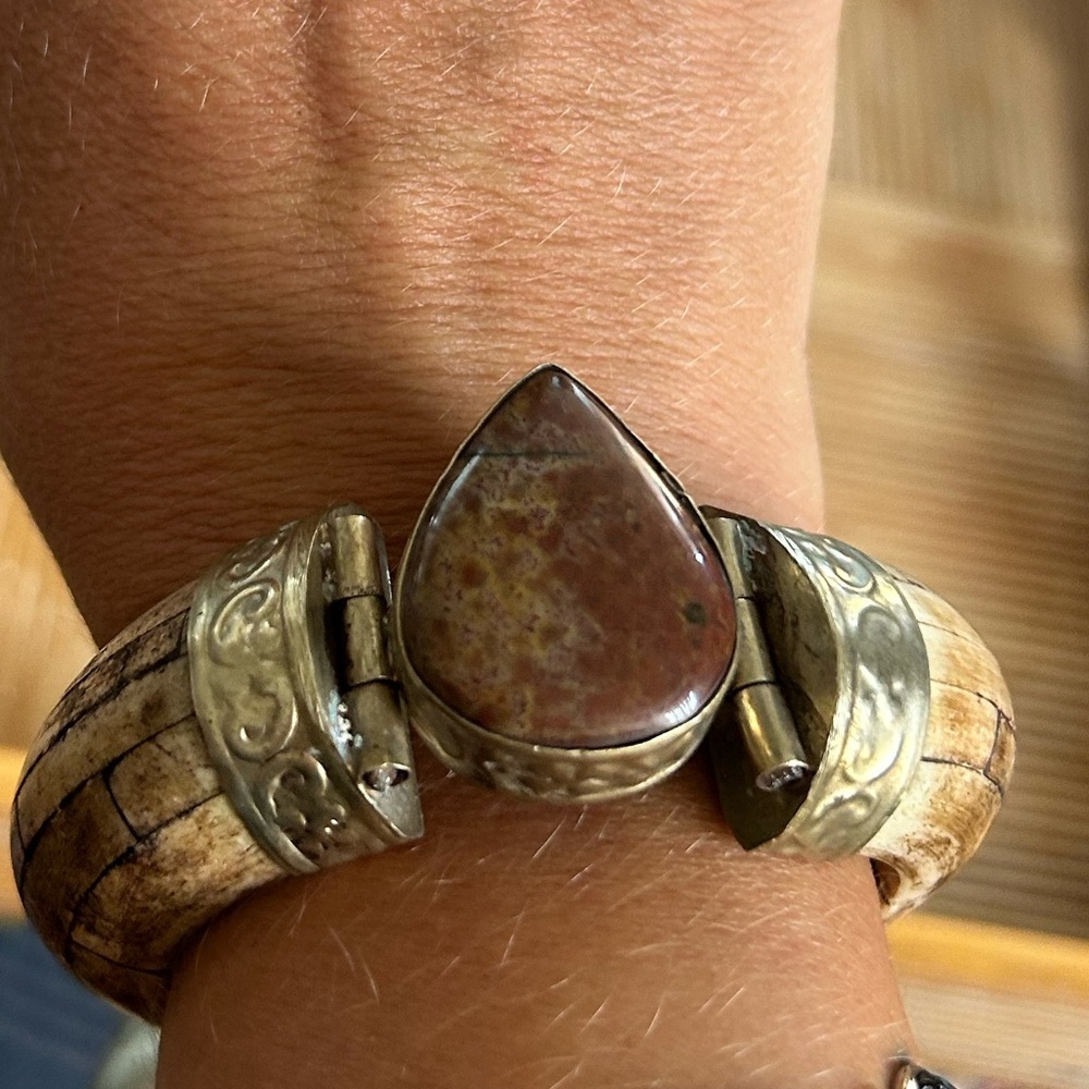Vintage Tibetan Natural Bone and Brass with Red Stone Bracelet - 7”